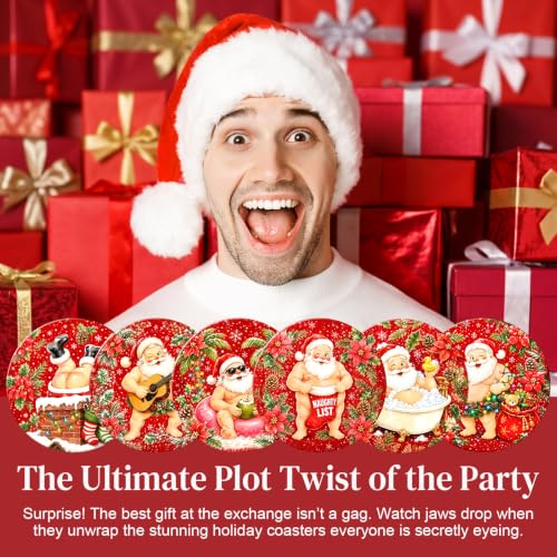 Dageusi Red Santa Coasters Set of 6 - Absorbent Ceramic? Actually Diatomite Stone Coasters with Holder – Naughty Santa Laugh Gift 4"