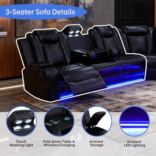 Power Reclining Leather Sectional Sofa with LED Lights and Storage Console