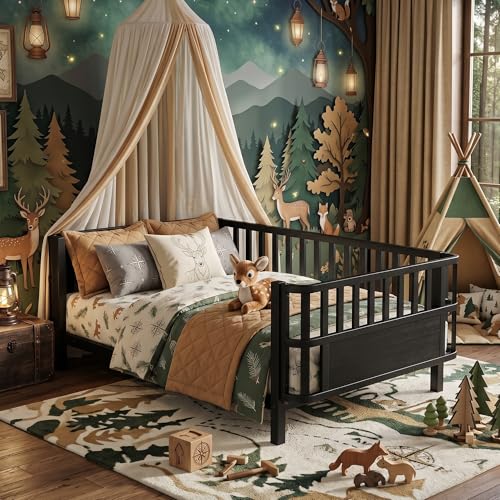 Twin Kids Bed Frame with Removable Safety Rails, Low Profile Montessori Bed