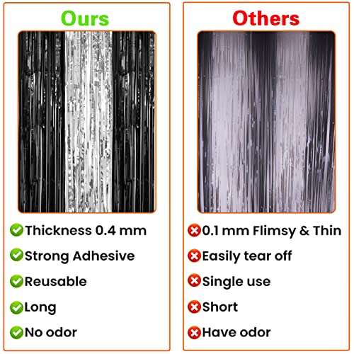 Black and Silver Foil Fringe Curtains (2 Pack, 3.2 x 8.2 ft) Photo Backdrop