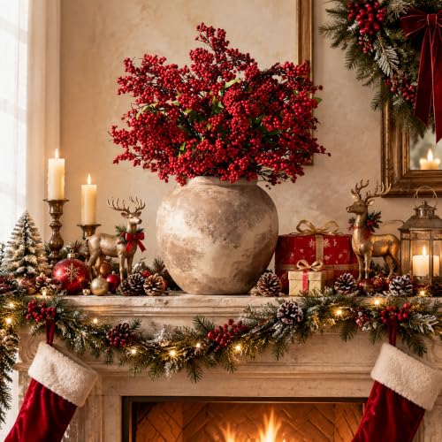 Tigeen 18 Pcs Artificial Red Berry Stems - Christmas Holly Branches, 18", Variation: Red Berry