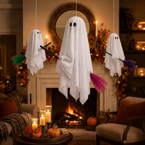 3-Pack Light-Up Hanging Halloween Ghosts on Brooms - Yard & Porch Decor
