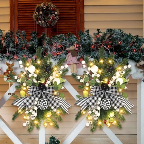 Hotop 3-Piece 17.7-inch Black & White Christmas Stairway Swag with Lights