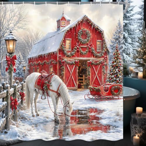 Farmhouse Christmas Shower Curtain Red Barn & White Horse - 72x72 Inch