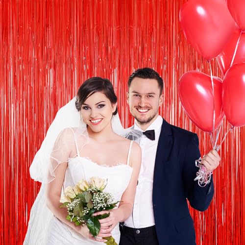Red Tinsel Backdrop 2 Pack Foil Fringe Curtains for Party Decor, 39.4"W x 78.7"L