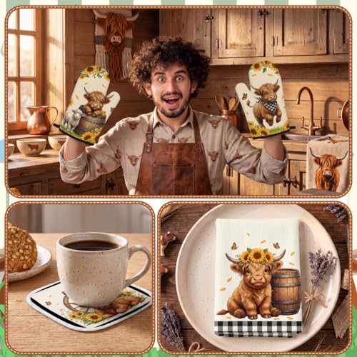 10-Piece Highland Cow Kitchen Decor Set with Sunflower Towels and Oven Mitts