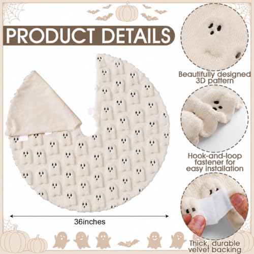 36-Inch Beige Halloween Ghost Tree Skirt - Soft Plush Faux Fur with 3D Ghosts