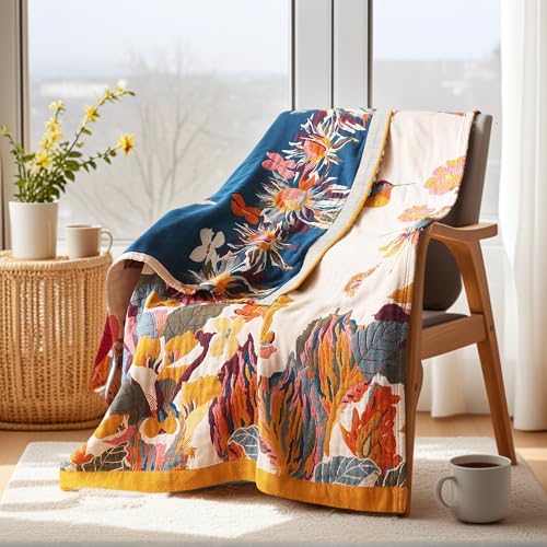Boho Cotton Throw Blanket 50x60, Soft Breathable Farmhouse Bed & Couch Quilt