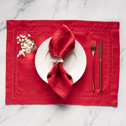 Red Linen Napkins Set of 4 18x18 Inch Embroidered Swiss Dot, Handcrafted