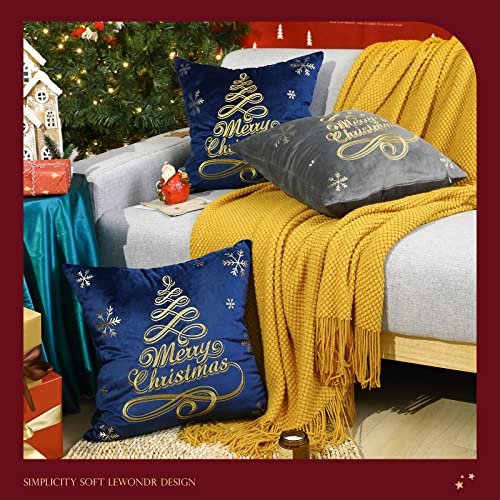 Lewondr Christmas Throw Pillow Covers, Christmas Tree Embroidery Hot Stamping Pattern Dutch Velvet Pillowcases Home Xmas Decorative Cushion Covers Soft for Sofa Bed Chair, 2 Pack, Navy Blue