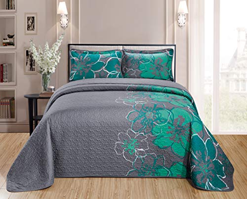 Oversized Floral Bedspread Quilt Set - Full/Queen Grey & Turquoise 3-Piece