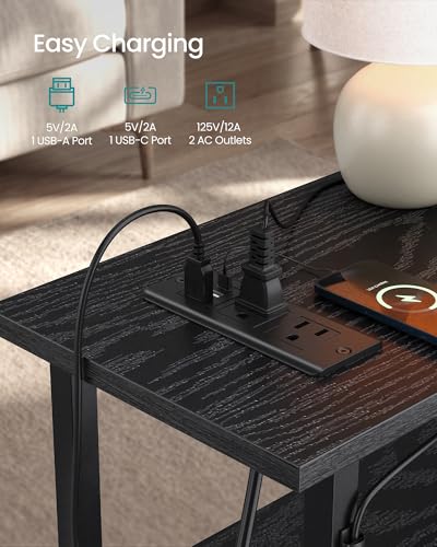 Narrow Side Table with LED Light & Charging Station, 2-Drawer Nightstand