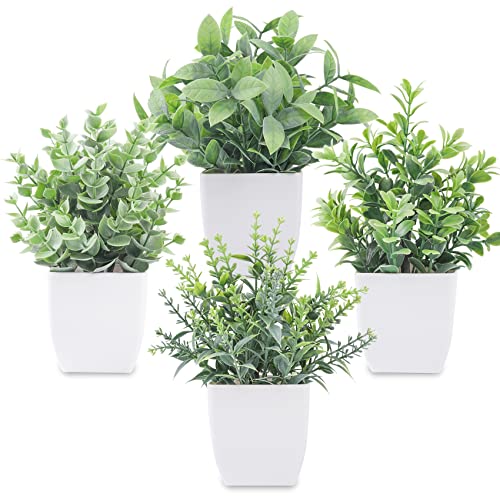 Set of 4 Mini Artificial Potted Plants - 7" Fake Eucalyptus for Desk & Shelf