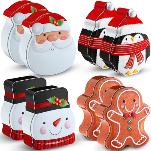 Hushee Classic Christmas Tin Box Cookie Containers Set - Santa Snowman Penguin Gingerbread - 8 Pcs Gift Candy Storage, 5x4.3x2 Inches
