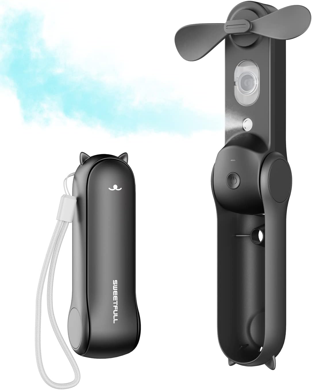Sweetfull Portable Misting Fan - Handheld Rechargeable Mini Water Spray Fan for Travel | Black