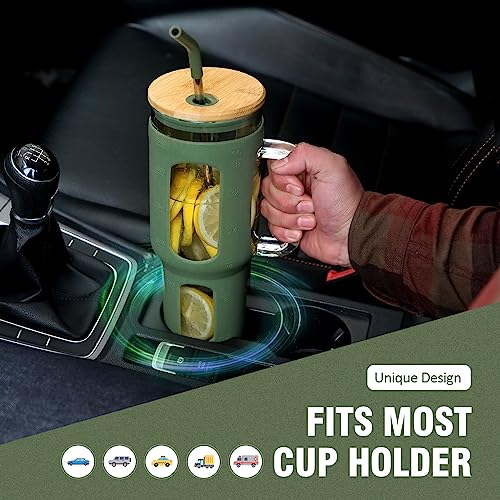 46 oz Glass Tumbler with Handle, Bamboo Lid and Straw for Iced Coffee
