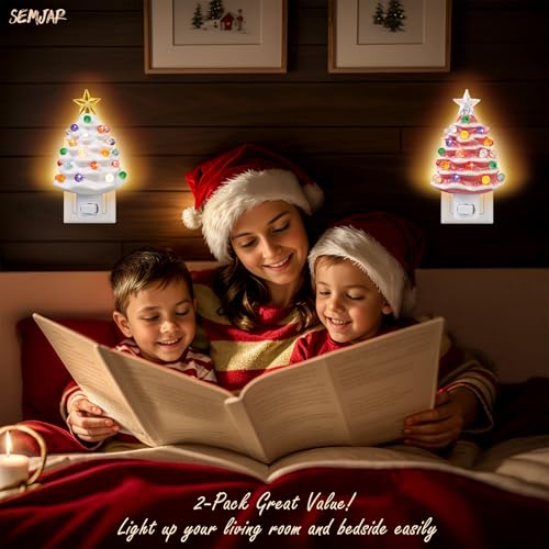 Semjar 2 Pack Ceramic Christmas Tree Night Light - White & Pink, UL Certified