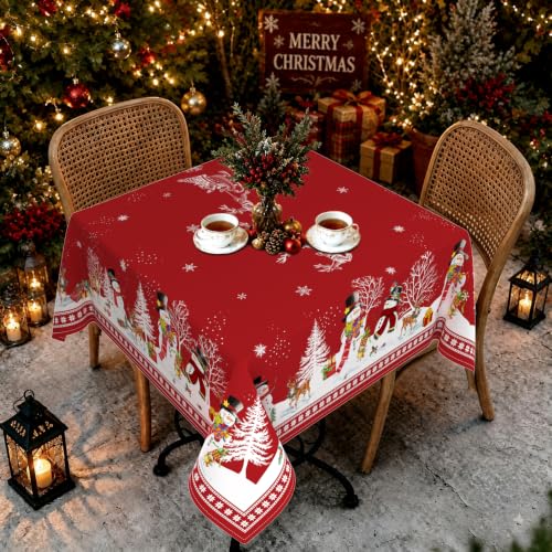 Yighty 70x70 Inch Red Snowman Christmas Tablecloth Waterproof Durable Holiday Decor