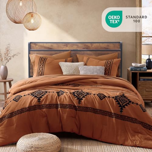 7-Piece Embroidered Queen Comforter Set - Burnt Orange Bed in a Bag