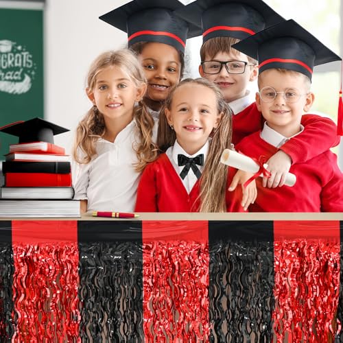 4 Pack Metallic Foil Fringe Table Skirts, Red and Black Graduation Decor