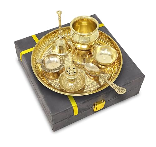 6-Inch Brass Pooja Thali Set with Ritual Items in Velvet Gift Box