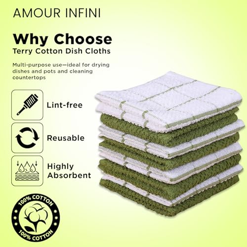 100% Cotton Dish Cloths Set - 8-Piece Absorbent Terry Kitchen Towels, 12x12"