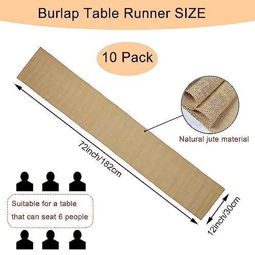 10 Pack 12x72 Inch Natural Burlap Table Runners - Rustic Jute Wedding & Party Decor