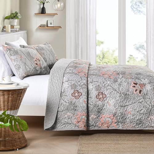 Grey Floral Quilt Set Queen Size - Soft Microfiber Bedding 3-Piece