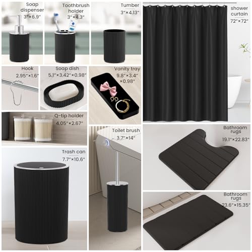 25-Piece Black Bathroom Accessory Set with Trash Can and Shower Curtain