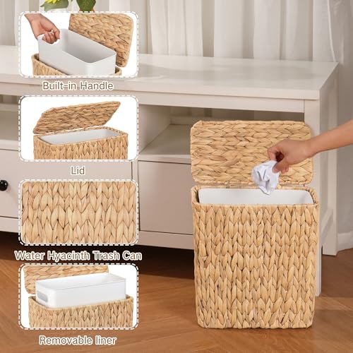 Natural Wicker Trash Can with Lid 3-Gallon Water Hyacinth Waste Basket