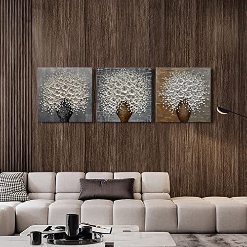 Hand-Painted White Flower Canvas Oil Painting 24x24 Inch Framed Wall Art