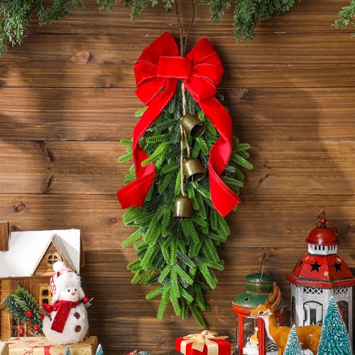 23.6-Inch Christmas Teardrop Swag Wreath with Bells and Red Ribbon