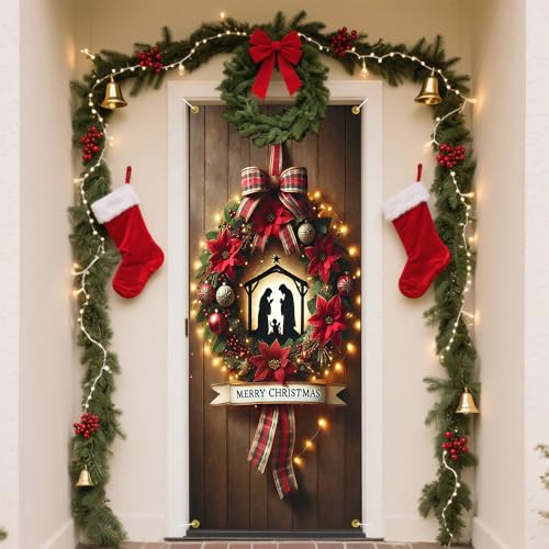 Christmas Nativity Scene Door Cover with Poinsettia Plaid Bow - Colorful B618
