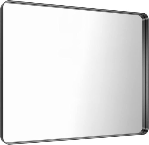 LOAAO Black Metal Framed Bathroom Mirror - 48x36 Inch Rounded Rectangle, Anti-Rust Tempered Glass, Versatile Hang