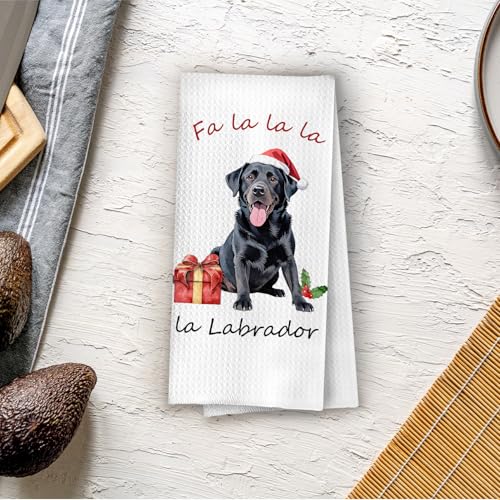 Christmas Black Labrador Kitchen Towels - Funny Dog Gift Waffle Dish Towel, 16x24 Inches