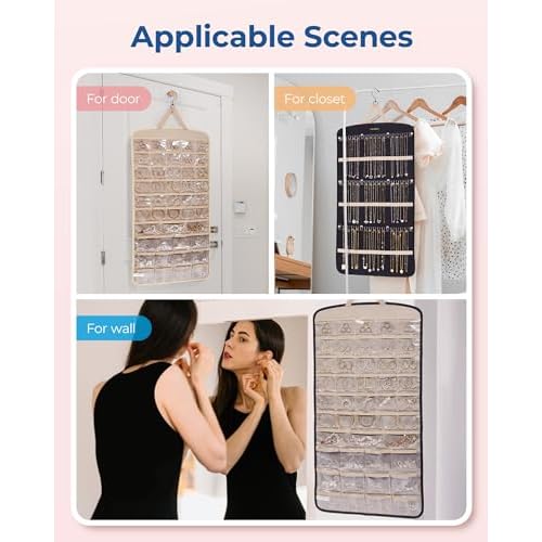 BAGSMART Hanging Jewelry Organizer, Necklace Holder Anti-tangle Earrings Rings Hanger with Pockets Hang on Closet, Wall, Door,1 Piece, Extra Large Black