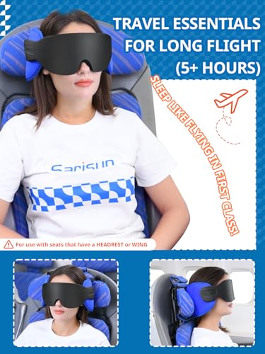 SARISUN Airplane Travel Pillow with Integrated 3D Eye Mask & Head Strap