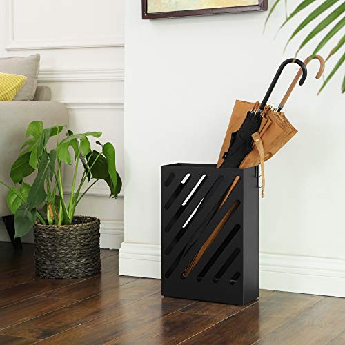 Metal Umbrella Stand with Drip Tray and Hooks, Rectangular Rack