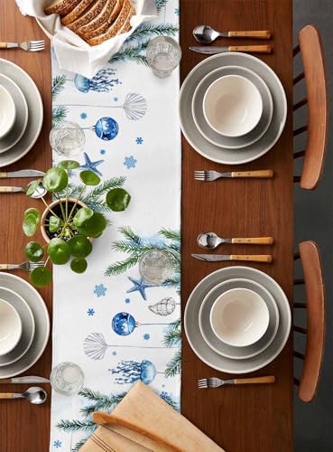 Dodgerblue 13 x 120 inch Blue Coastal Christmas Table Runner - Cotton-Linen Blend