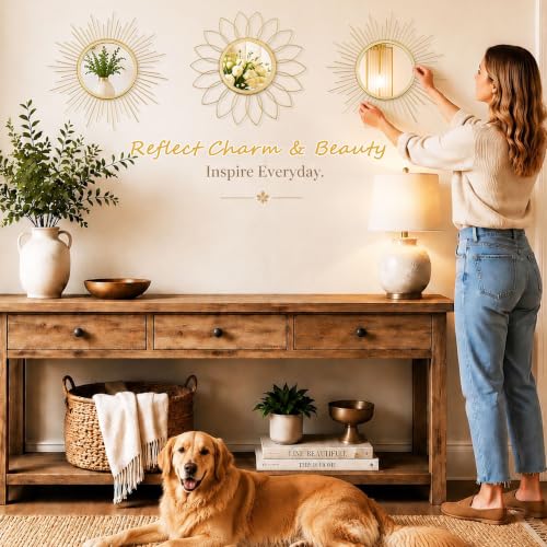 3-Piece Gold Sunburst Wall Mirror Set, Decorative Modern Metal Wall Art Decor