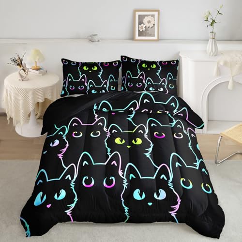 Cute Cat Comforter Set - Twin Size 3-Piece Bedding for Kids and Teens