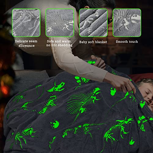 Glow in the Dark Dinosaur Throw Blanket, Soft Plush 50"x60" Gray