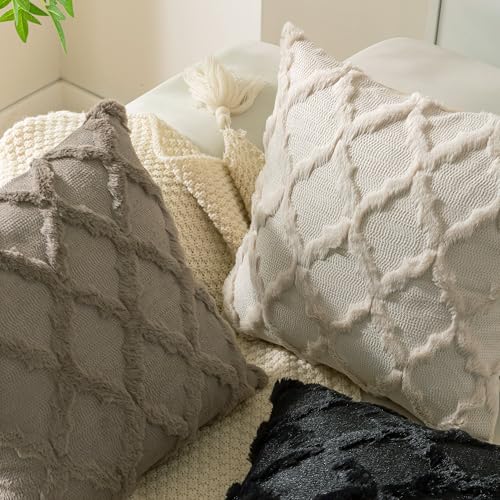Set of 2 Moroccan Faux Fur Throw Pillow Covers 18x18 Inch Beige Boho