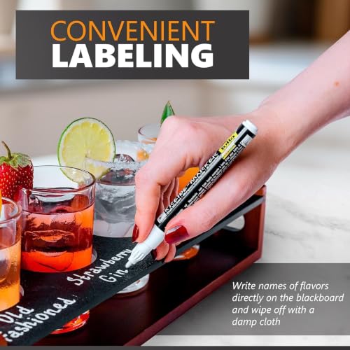 Wooden Flight Tasting Board with 4 Glasses and Chalkboard Labeling