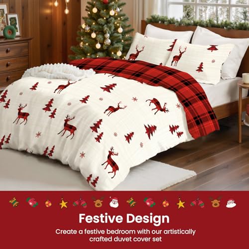Nayoroom Red Reindeer Christmas Duvet Cover King Size Reversible Holiday Bedding Set - 3 Pieces