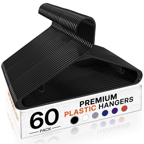 Black Plastic Clothes Hangers 60 Pack, Slim Space-Saving Hangers