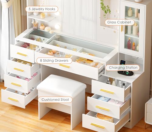 Large Makeup Vanity Desk with Lighted Mirror, Glass Top and Stool