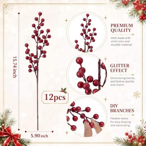 Norme Matte Burgundy 12 Pcs Christmas Berry Picks 16" Glitter Stems (Variation: Matte Burgundy)