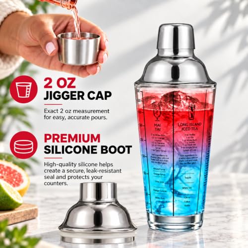 14 oz Glass Cocktail Shaker with Built-in Strainer & Recipes - Professional Bar Tool