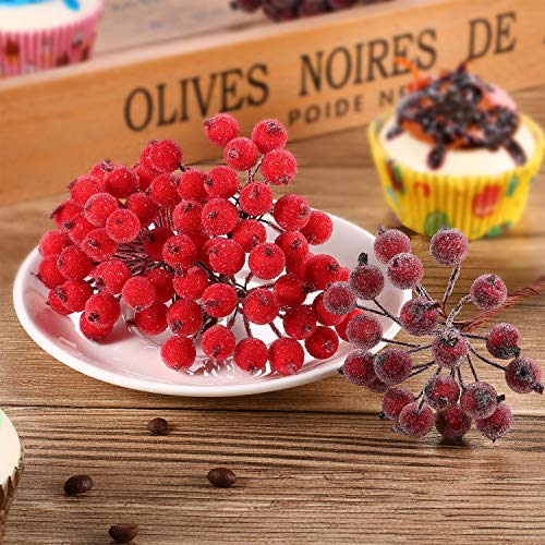 Artificial Holly Berries Stems 400 Pcs - Red & Dark Red Frosted Xmas Decor